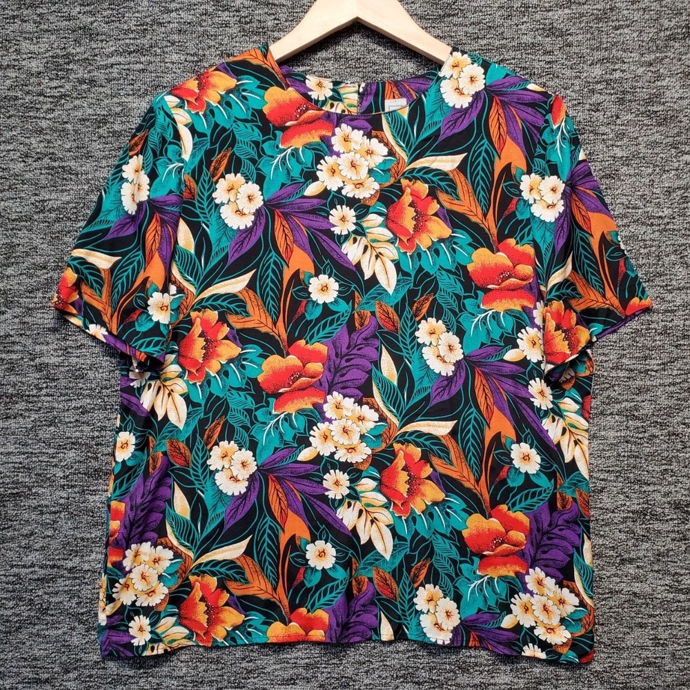 VTG Norton McNaughton Tropical Floral Top Women 14 Blue Rayon 90s Coastal Blouse